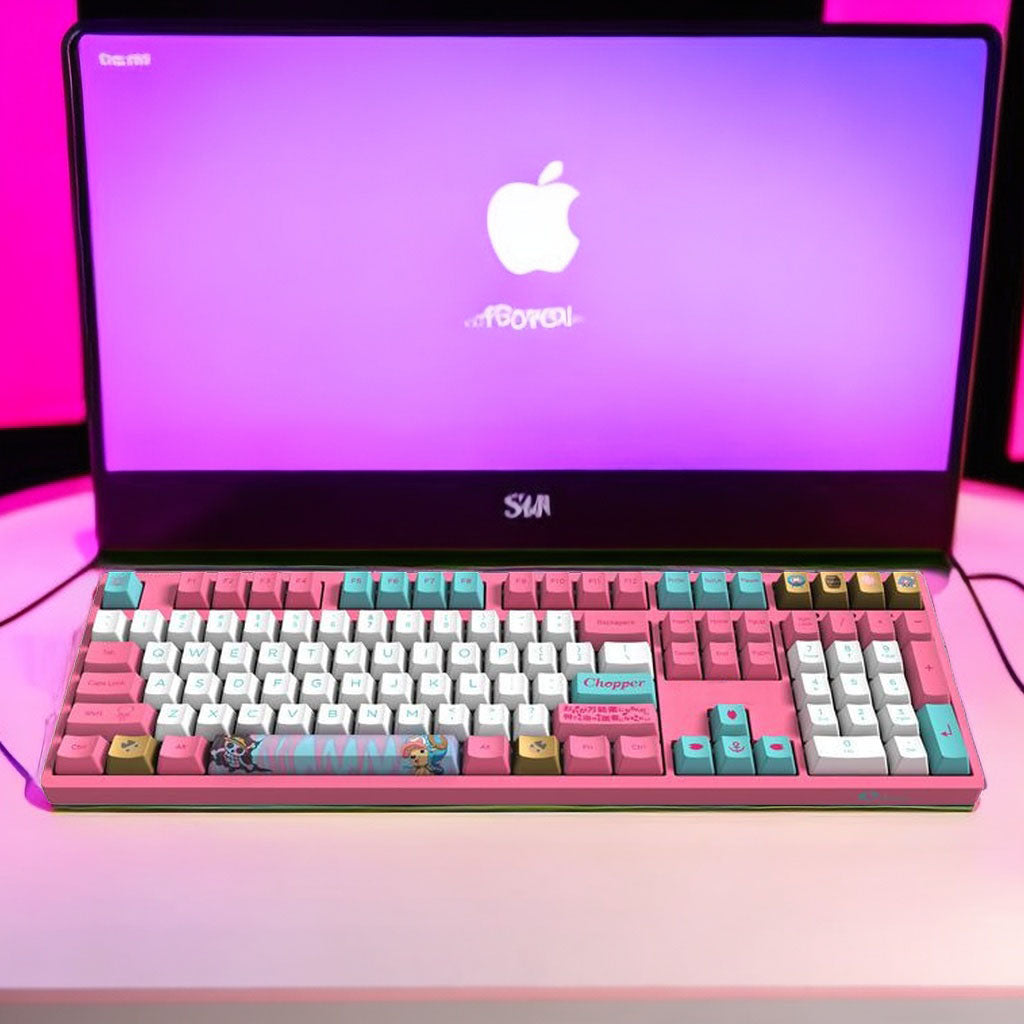 One Piece Chopper Mechanical Keyboard, Pink Anime Themed 104 Keys Full Size Wired Gaming Keyboard, PBT Custom Anime Keycaps Mechanical Keyboard for PC Laptop Desktop Gamers One Piece Fans
