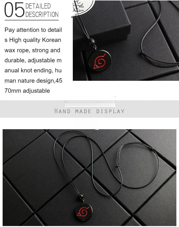 Naruto Anime Symbol Pendant Necklace, Akatsuki Red Cloud Sharingan Konoha Logo Wooden Necklace, Adjustable Rope Chain Cosplay Jewelry, Gift for Naruto Fans