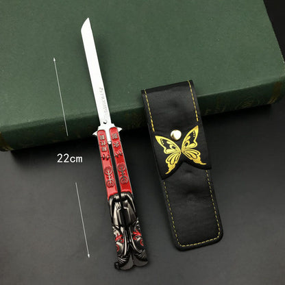 Anime Katana Balisong Trainer, Cosplay Butterfly Knife Trainer, No Blade Dull Safe Practice Sword, Demon Slayer & Naruto Anime Butterfly Knife Model with Leather Sheath, Anime Collection Toy Gift for Fans