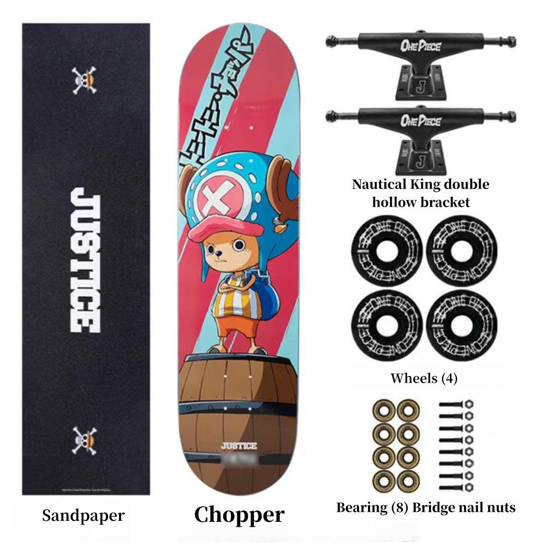 One Piece Anime Complete Skateboard Set, 7 Layer Maple Double Kick Skate Board, Luffy Zoro Sanji Nami Chopper Print Skateboard, Anime Collectible Skateboard for Teens Adults, One Piece Fan Gift