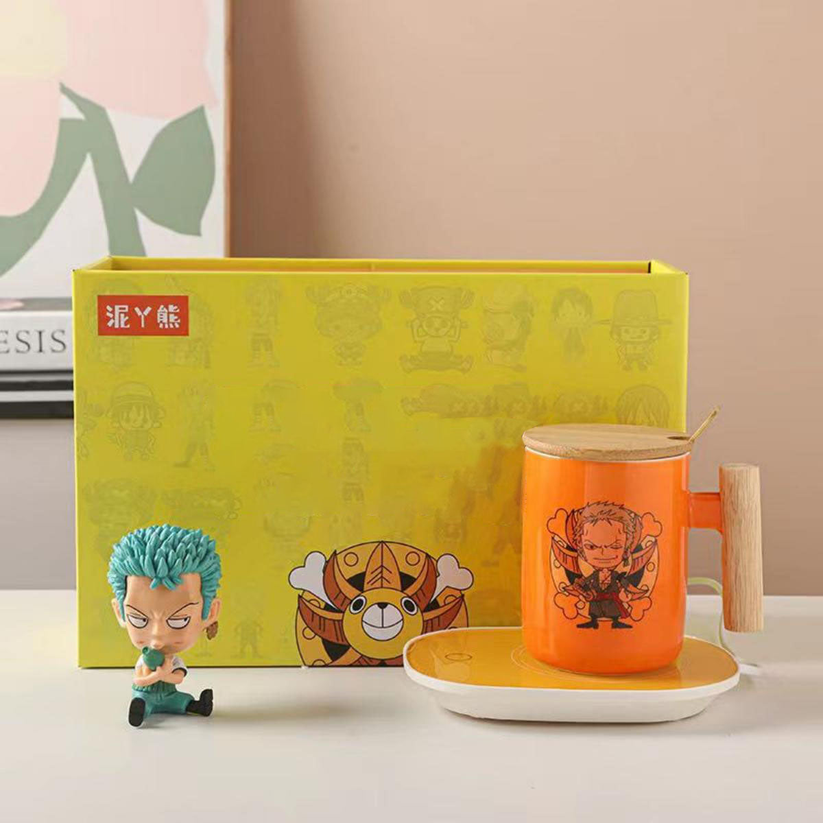 One Piece Anime Ceramic Mug with Wooden Handle, Luffy Chopper Zoro Cartoon Coffee Cup with Bamboo Lid & Spoon, Anime Water Cup Gift Set for One Piece Fans