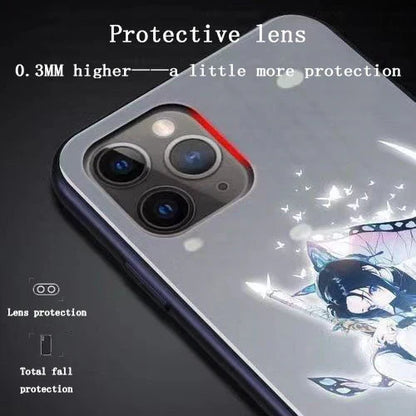 Demon Slayer LED Light Up Phone Case, Anime Tanjiro Shinobu Luminous Tempered Glass Back Cover, Flash Light Glowing Case for iPhone, Shockproof Protective Anime Phone Shell