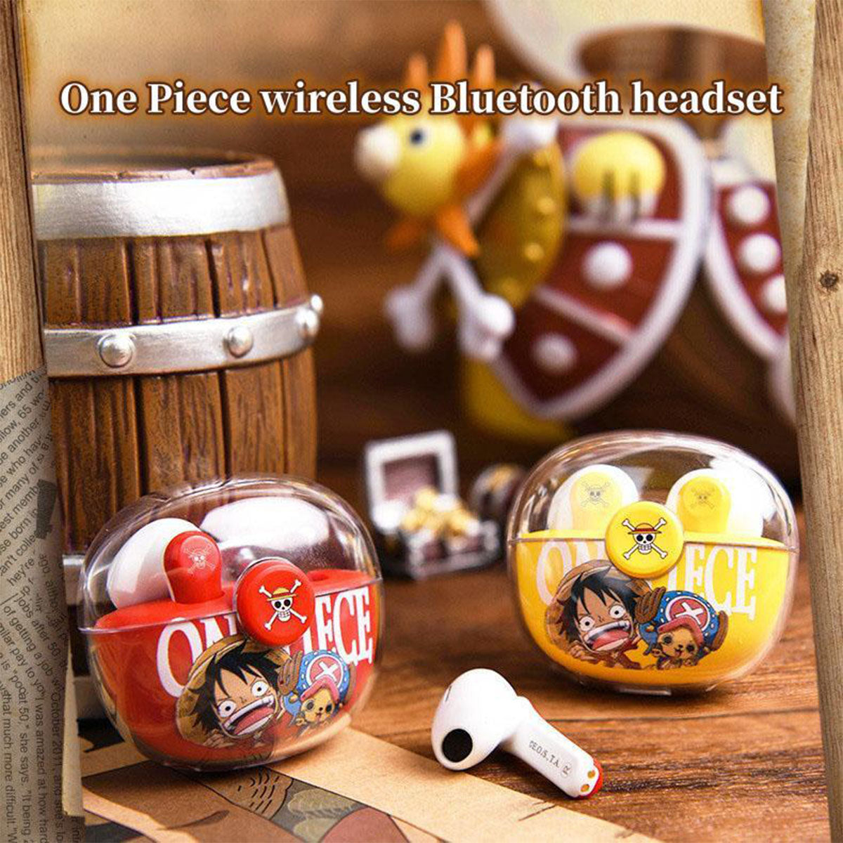 One Piece Wireless Bluetooth Earbuds, Luffy Chopper Cute Anime TWS Earphones, Transparent Charging Case, Stereo Sound Touch Control Earphones, Portable Headset Gift for One Piece Anime Fans