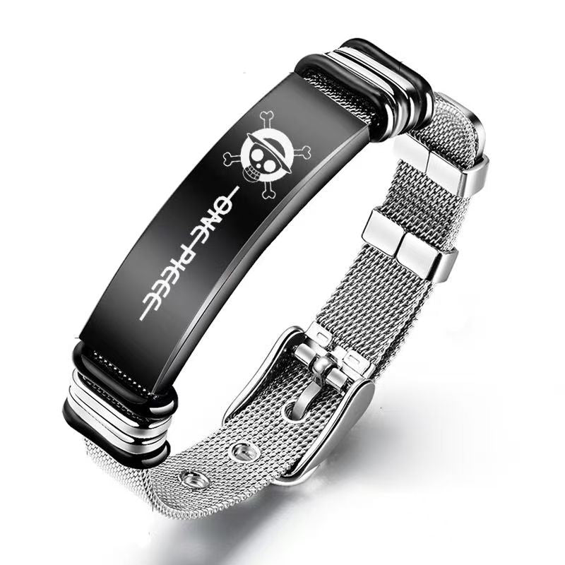 One Piece Monkey D. Luffy Roronoa Zoro Engraved Stainless Steel Mesh Bracelet Adjustable Wristband Anime Wanted Poster Jewelry Gift For Anime Fans