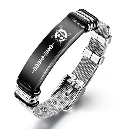 One Piece Monkey D. Luffy Roronoa Zoro Engraved Stainless Steel Mesh Bracelet Adjustable Wristband Anime Wanted Poster Jewelry Gift For Anime Fans
