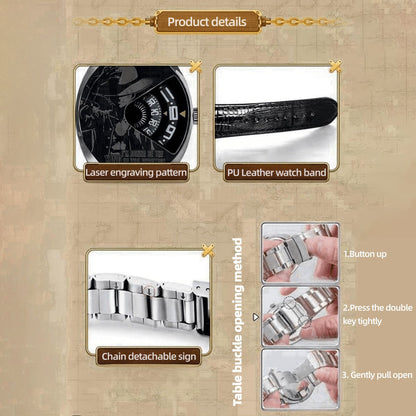 One Piece Luffy Wanted Poster Anime Wrist Watch for Men, Unique Rotating Dial Quartz Watch, Stainless Steel & Leather Strap, One Piece Skull Logo Analog Watch, Anime Cosplay Collectible Gift for One Piece Fans