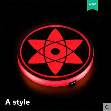 Naruto One Piece Car Accessory Gift，Anime Sharingan LED Car Cup Holder Coaster, Intelligent Sensor Light Up Cup Mat, USB Rechargeable, Multi-Color Changing Car Interior Decor.