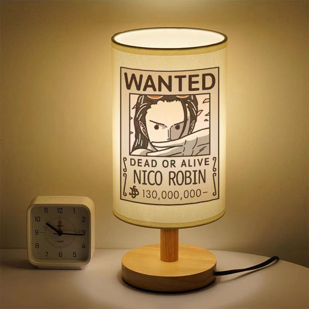 One Piece Wanted Poster Table Lamp, Anime Straw Hat Crew Wanted Print Night Light, Wooden Base Bedside Desk Lamp, Soft Warm Light Decor Lamp, Collectible Gift for One Piece Fans