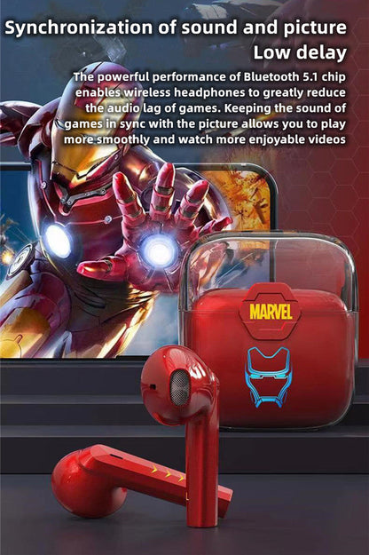 Marvel TWS True Wireless Bluetooth Earbuds, Iron Man Black Panther Semi In-ear Earphones, Transparent Charging Case Marvel Stereo Headphones, Portable Marvel Collectible Earbuds, Gift for Marvel Superhero Fans