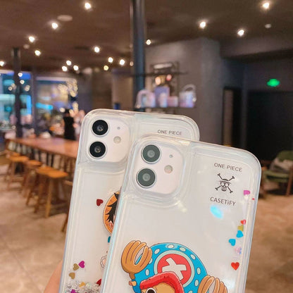 One Piece Liquid Glitter Phone Case, Luffy Chopper Anime Quicksand Clear Phone Cover, Floating Sequins Shockproof Protective Case for iPhone Multiple Models