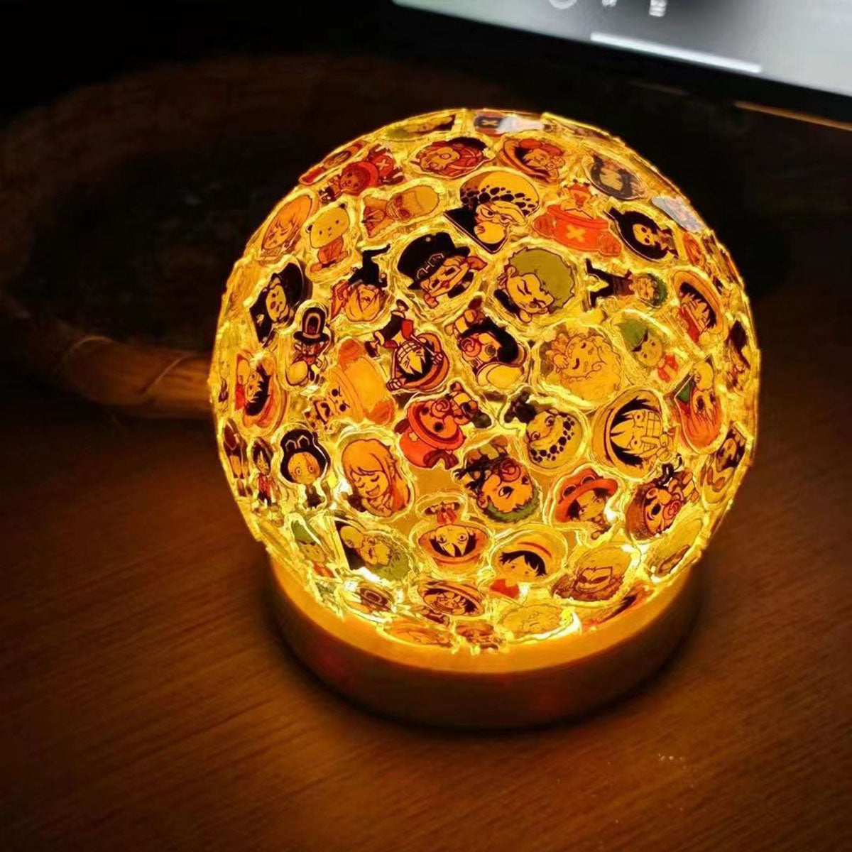 Anime Character Sticker Crystal Ball Night Light, 3D Transparent Globe Lamp with Wooden Base, Anime Stickers Decor Table Lamp, USB Warm Light Bedroom Decor, Anime Collectible Gift for Anime Fans