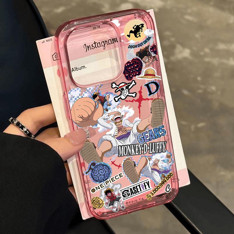 One Piece Luffy Gear 5 Anime Phone Case, Colorful Transparent Shockproof Protective Cover, Nika Luffy Comic Collage Print Case, Cute Pastel Bumper Phone Shell, Anime Merch Gift for iPhone