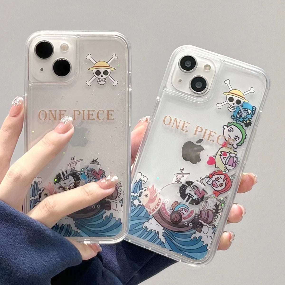 One Piece Anime Liquid Floating Phone Case for iPhone, Thousand Sunny Moving 3D Pirate Ship Clear Quicksand Case, Luffy Crew Characters Transparent Shockproof Protective Cover, Anime Fan Cute Phone Shell Gift