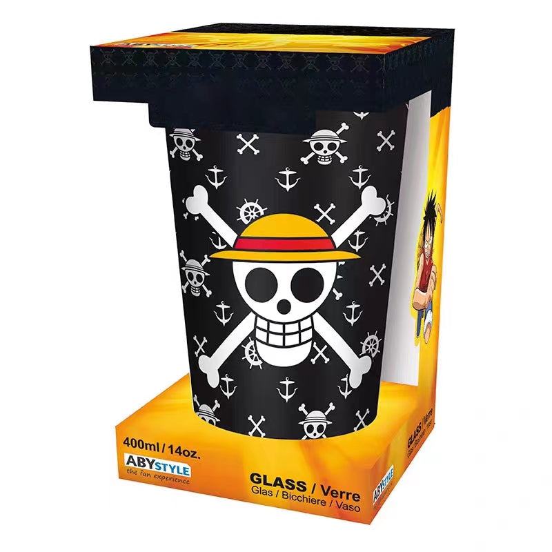One Piece Luffy Pint Glass, Straw Hat Pirate Skull Logo Anime Drinking Cup, 16oz Glass Tumbler for Soda Beer Water, Collectible Table Decor Gift for One Piece Anime Fans