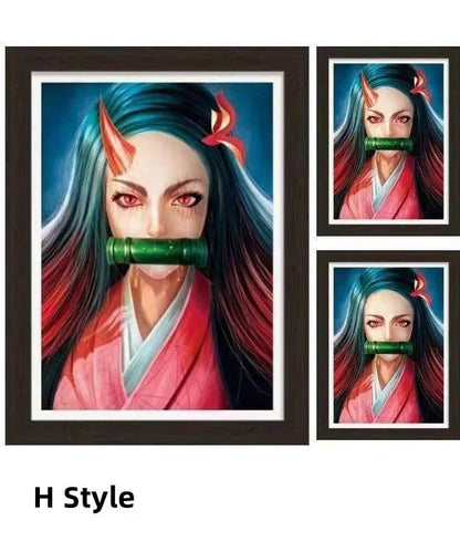 Demon Slayer 3D Lenticular Poster with Frame, Kimetsu no Yaiba Anime Stereo Gradient Wall Art, Flip Changing Picture, Anime Framed Decor Painting for Bedroom Gaming Room, Anime Merch Gift for Demon Slayer Fans