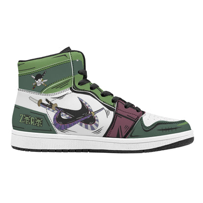 One Piece Roronoa Zoro Anime High Top Sneakers, Green Three Swords Style Custom Printed Fashion Casual Shoes, One Piece Anime Streetwear Footwear, Anime Sneaker Gift for One Piece Fans