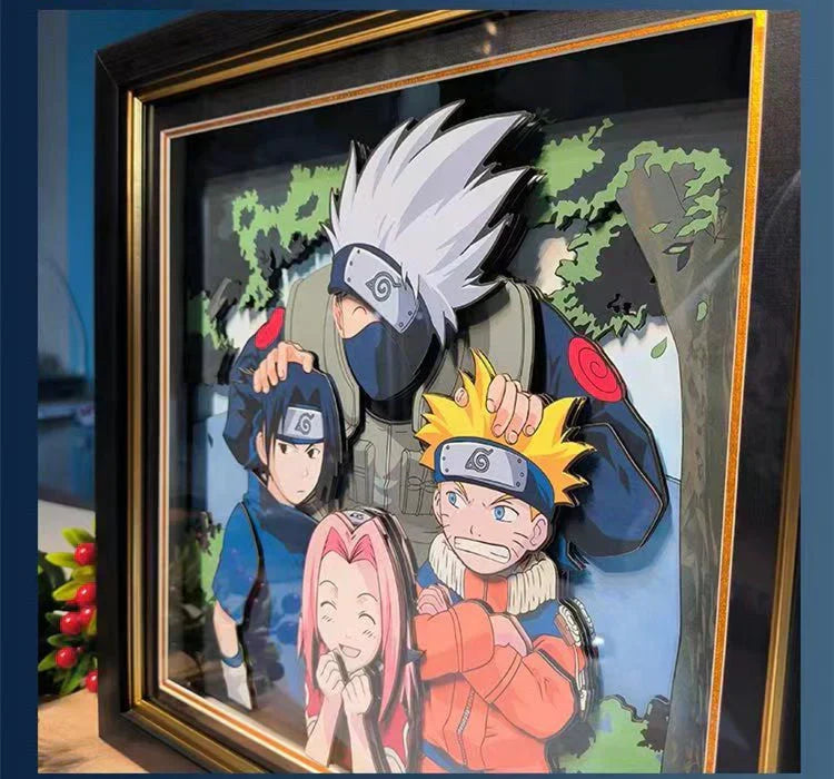 Naruto Team 7 Kakashi 3D Paper Cut Shadow Box Framed Art, Handmade Layered Papercraft Wall Decor, Anime Picture Frame, Fan Collectible Room Decor Gift