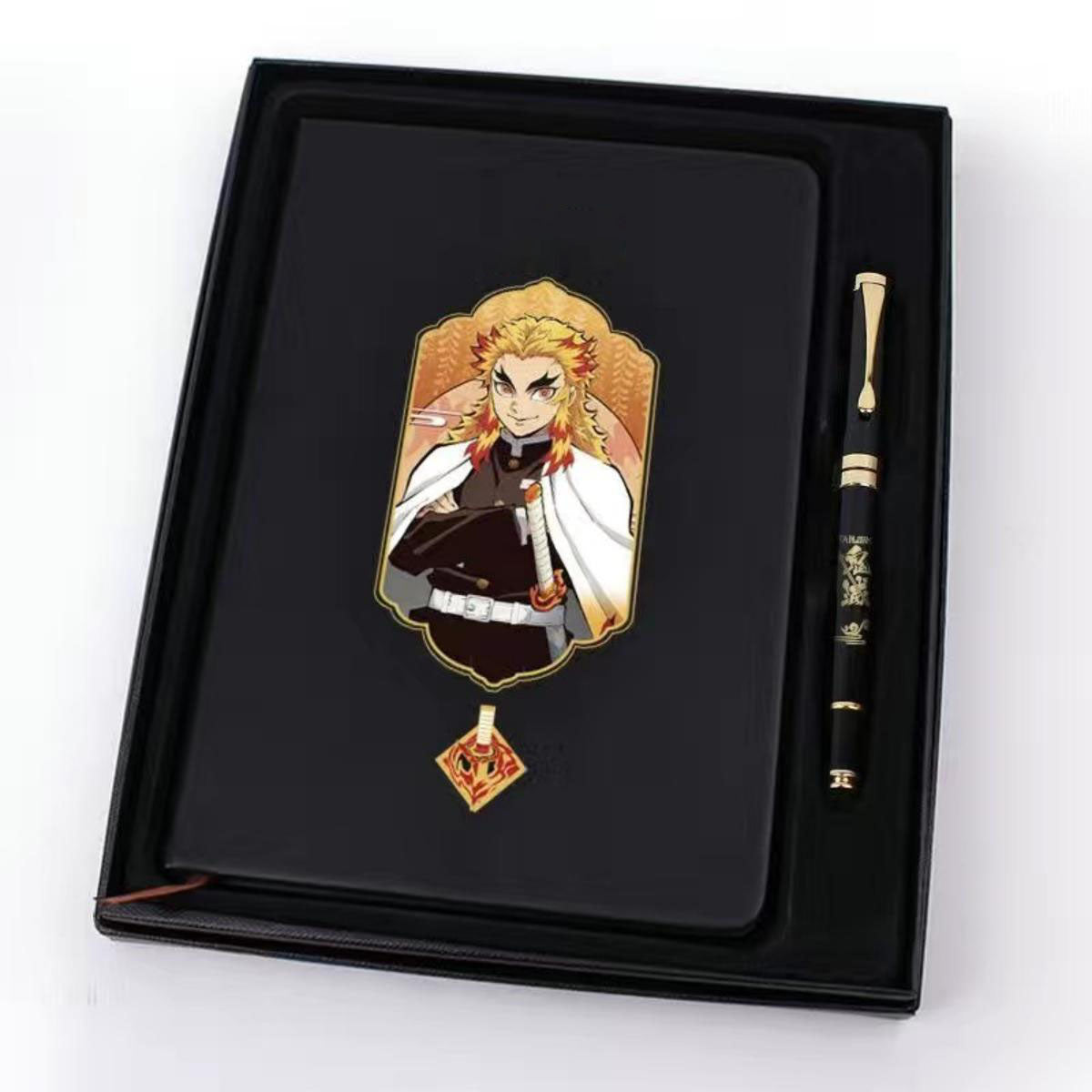 Demon Slayer Anime Notebook & Pen Gift Set, Tanjiro Nezuko Zenitsu Inosuke Character Journal with Metal Badge, Hardcover Writing Notebook Stationery Set, Anime Collectible Gift for Demon Slayer Fans