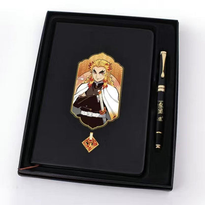 Demon Slayer Anime Notebook & Pen Gift Set, Tanjiro Nezuko Zenitsu Inosuke Character Journal with Metal Badge, Hardcover Writing Notebook Stationery Set, Anime Collectible Gift for Demon Slayer Fans