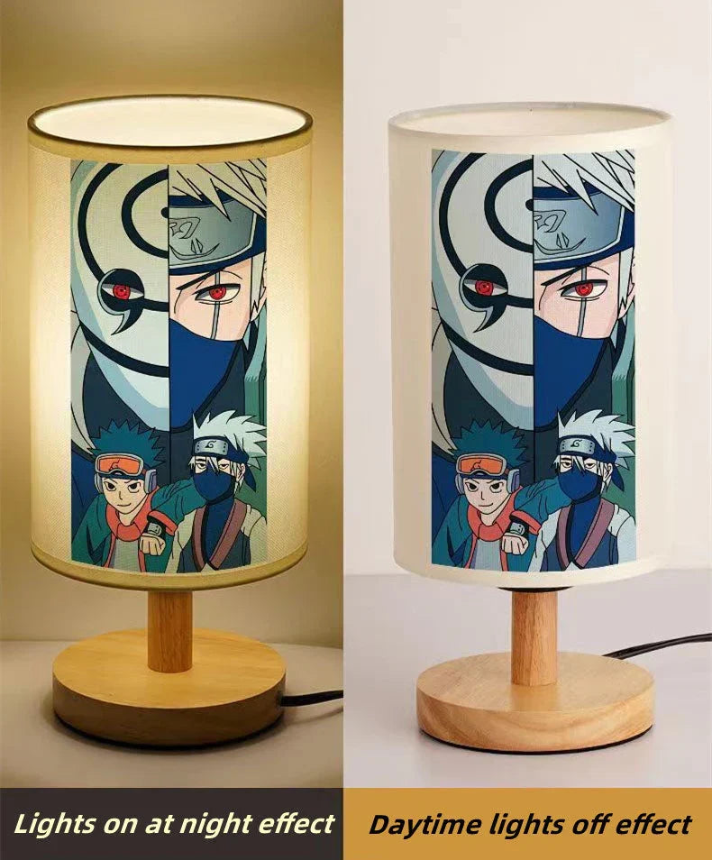 Naruto Anime Table Lamp, Cylindrical Fabric Lampshade Night Light with Solid Wood Base, Anime Character Print Desk Lamp, Bedroom Bedside Decor Lamp, Collectible Gift for Naruto Anime Fans