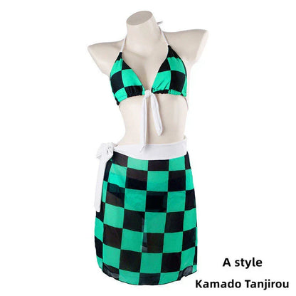 Demon Slayer Anime Cosplay Bikini Swimsuit Set, Kimetsu No Yaiba Tanjiro Nezuko Shinobu Rengoku Giyuu Pattern 3 Piece Bathing Suit, Halter Top Skirt Cover Up Swimwear for Beach Pool Anime Fans