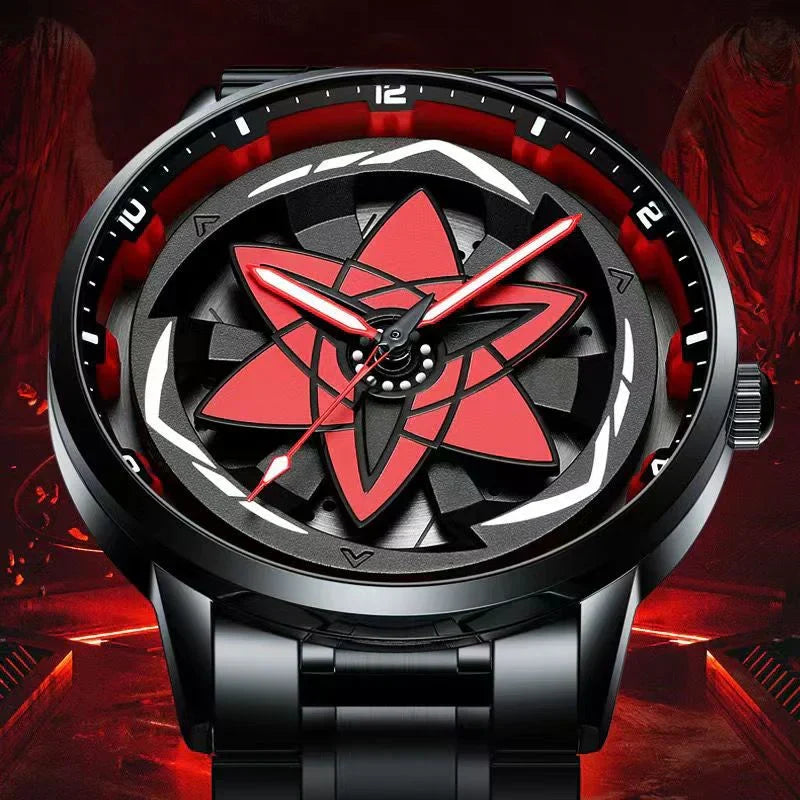 Naruto Sharingan Anime Watch for Men, Uchiha Sasuke Madara Rotating Sharingan Dial Wrist Watch, Stainless Steel Band Quartz Watch, Anime Cosplay Accessory, Collectible Gift for Naruto Fans
