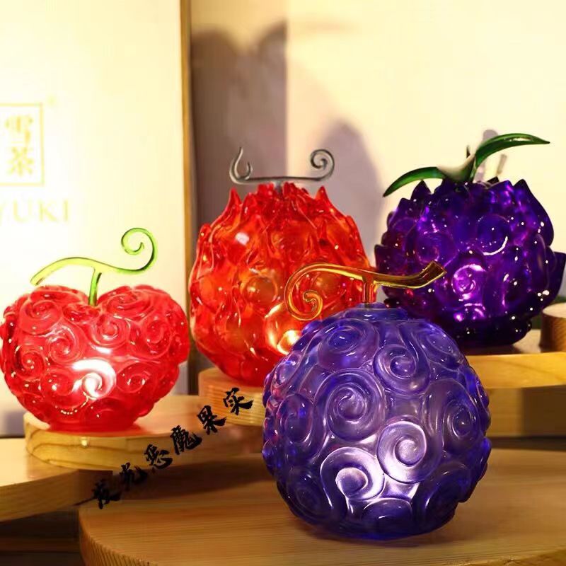 One Piece Devil Fruit Figurine with LED Light, Gum-Gum Fruit & Flame-Flame Fruit Luminous Statue, Transparent Devil Fruit Anime Ornament, Desktop Display Collectible Model, Gift for One Piece Fans