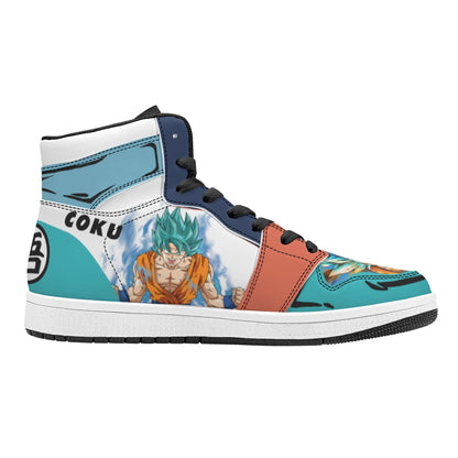 Dragon Ball Goku Super Saiyan Blue Anime High Top Sneakers, Teal White Orange Custom Print Streetwear Shoes, Men Women Casual Fashion Sneakers, Anime Fan Collectible Footwear Gift