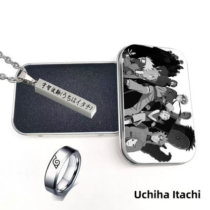 Naruto Uzumaki Anime Jewelry Set, Engraved Name Bar Pendant Necklace + Konoha Symbol Ring, Metal Collectible Gift Box, Anime Cosplay Accessory Gift Set for Naruto Fans