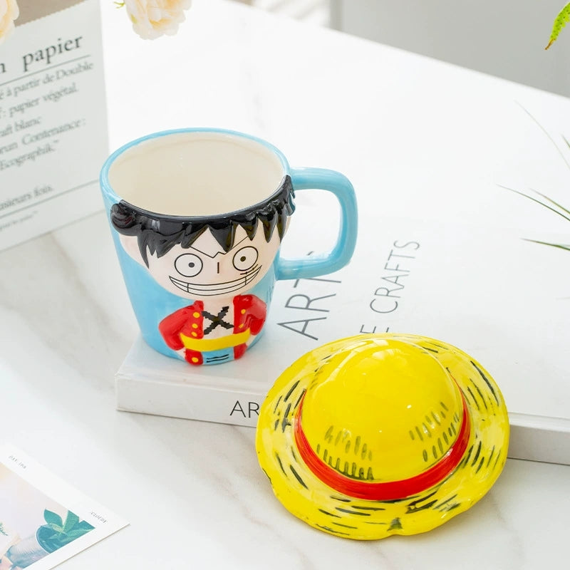 One Piece 3D Ceramic Mug Set, Luffy Straw Hat Figure Mug & Gomu Gomu no Mi Devil Fruit Cup with Lid, Novelty Anime Coffee Tea Cup, Collectible Gift for One Piece Fans