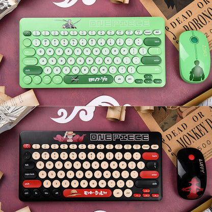 One Piece Wireless Keyboard and Mouse Set, Retro Round Punk Keycaps Anime Keyboard Mouse Combo, 2.4G Portable Cute Wireless Keyboard Mouse Kit for Laptop PC Desktop, One Piece Fans Gift