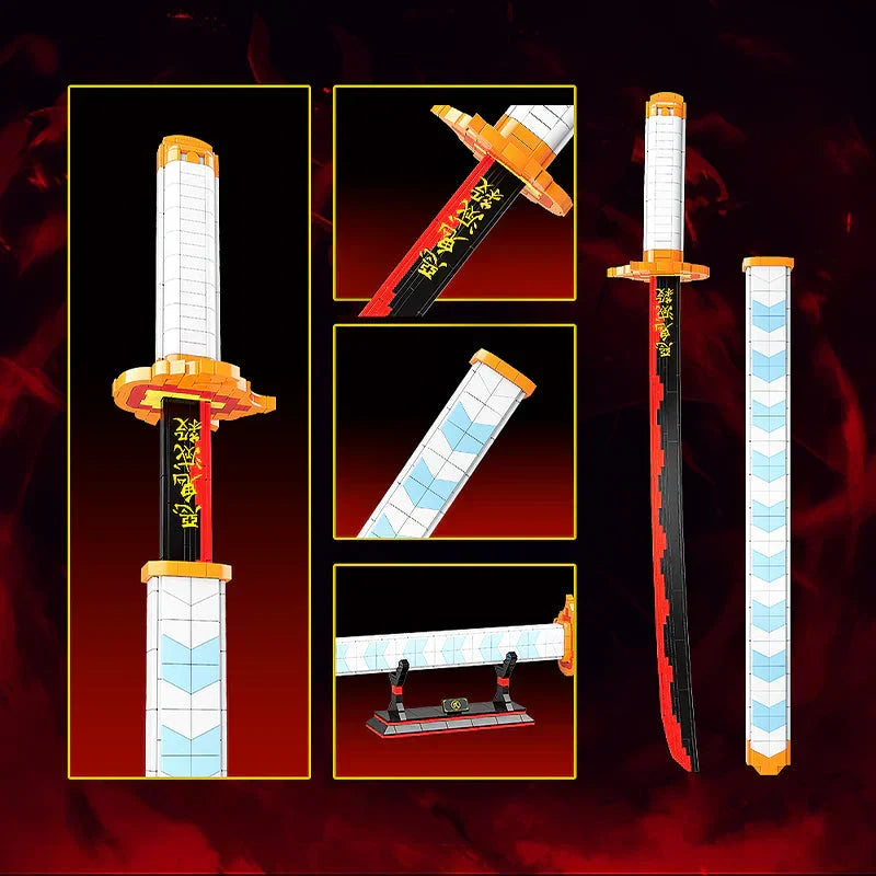 Demon Slayer Nichirin Sword Building Block Set, Rengoku Kyojuro Katana Model with Stand, Anime Samurai Blade Bricks Kit, DIY Assembly Collectible Display Toy Gift for Demon Slayer Fans