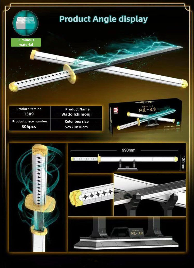 One Piece Wado Ichimonji Katana Building Blocks Set, Anime Samurai Sword Model, DIY Assembly Bricks with Display Stand, Zoro Replica Sword Building Kit, Collectible Desktop Decor Gift for Adults Teens Anime Fans