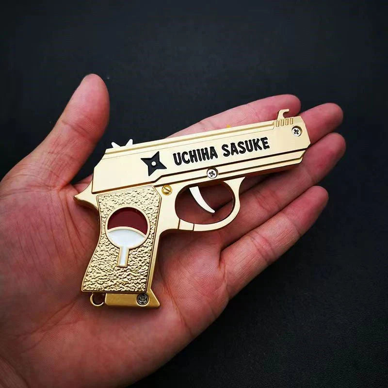 Naruto Anime Mini Rubber Band Gun Keychain, Metal Foldable Model Key Ring, Anime Collectible Ornament, Comes with Rubber Bands & Paper Target, Pocket Size Desk Display Decor Gift for Naruto Fans