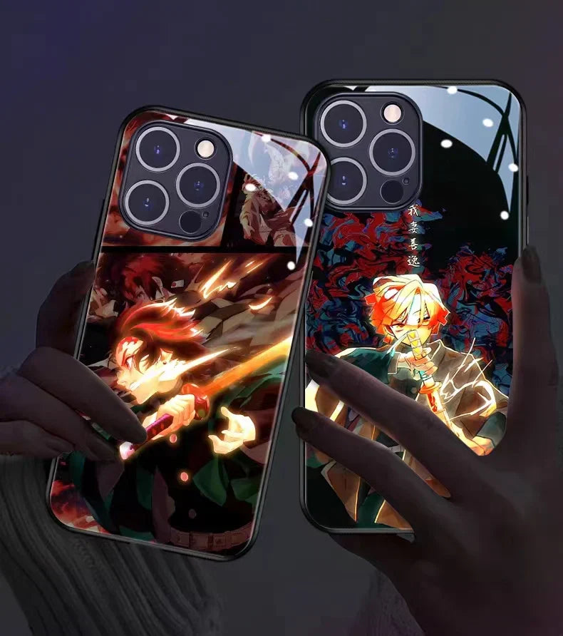 `Demon Slayer Anime Light Up Phone Case, Smart Sound Activated Flash Glowing Glass Back Cover, Shockproof Protective Phone Case for iPhone, Anime Tanjiro Zenitsu Case Gift`