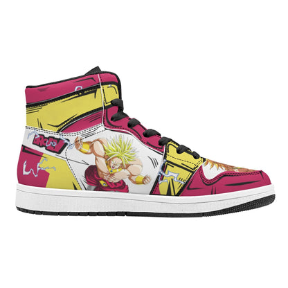 Dragon Ball Broly Anime High Top Sneakers, Fuchsia Yellow White Custom Print Streetwear Shoes, Men Women Casual Fashion Sneakers, Anime Fan Collectible Footwear Gift
