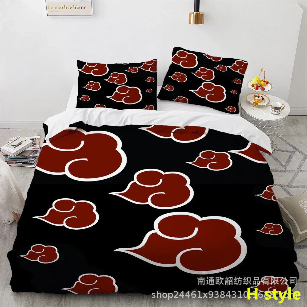 Naruto Anime Bedding Set, 3D Print Duvet Cover with Pillowcases, Akatsuki Red Cloud Comforter Cover Set, Soft Microfiber Bed Sheets, Bedroom Decor Gift for Naruto Fans