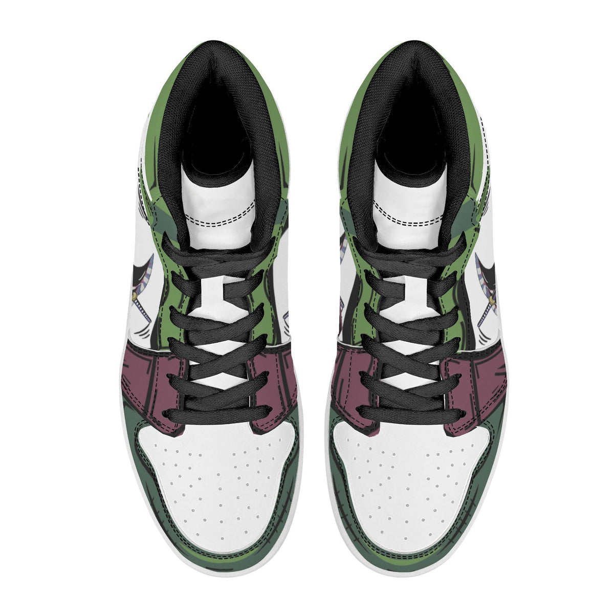 One Piece Roronoa Zoro Anime High Top Sneakers, Green Three Swords Style Custom Printed Fashion Casual Shoes, One Piece Anime Streetwear Footwear, Anime Sneaker Gift for One Piece Fans