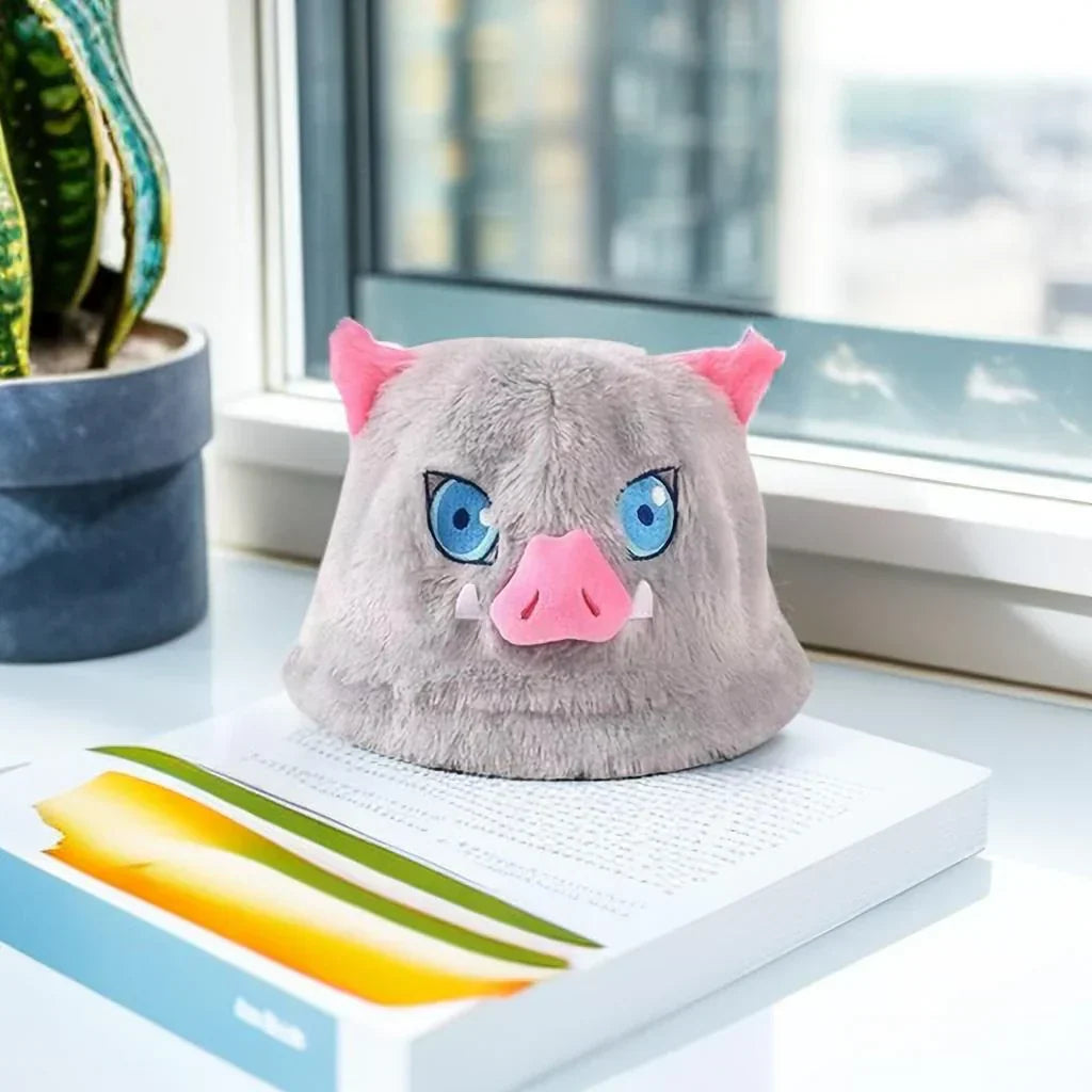 Demon Slayer Inosuke Hashibira Plush Bucket Hat, Kimetsu No Yaiba Boar Mask Anime Fisherman Hat, Cute 3D Character Cosplay Hat, Anime Fan Collectible Costume Accessory Gift