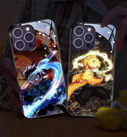 `Demon Slayer Anime Light Up Phone Case, Smart Sound Activated Flash Glowing Glass Back Cover, Shockproof Protective Phone Case for iPhone, Anime Tanjiro Zenitsu Case Gift`