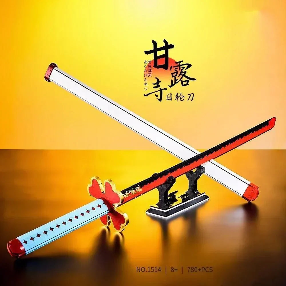 Demon Slayer Nichirin Sword Building Block Set, Kanroji Mitsuri Anime Katana Model with Display Stand, Cosplay Samurai Sword Bricks Kit, Collectible Building Toy for Demon Slayer Fans
