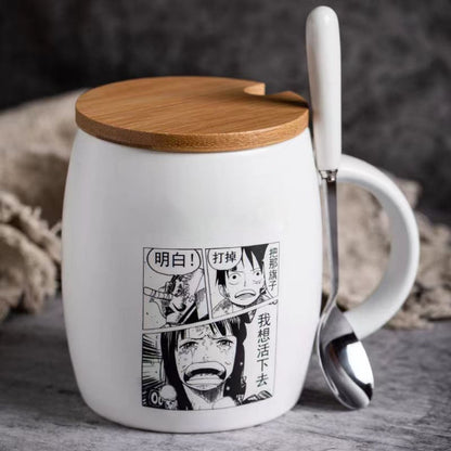 One Piece Anime Manga Panel Ceramic Mug with Bamboo Lid & Spoon, Black White Comic Print Coffee Cup, Large Capacity Drinking Mug, Anime Fan Desktop Decor Collectible Gift for One Piece Fans
