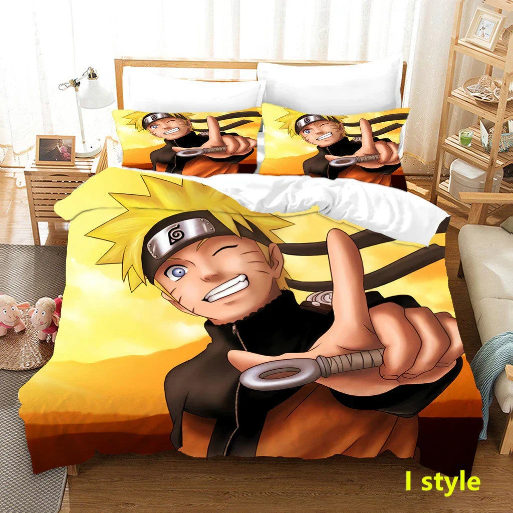 Naruto Anime Bedding Set, 3D Print Duvet Cover with Pillowcases, Akatsuki Red Cloud Comforter Cover Set, Soft Microfiber Bed Sheets, Bedroom Decor Gift for Naruto Fans