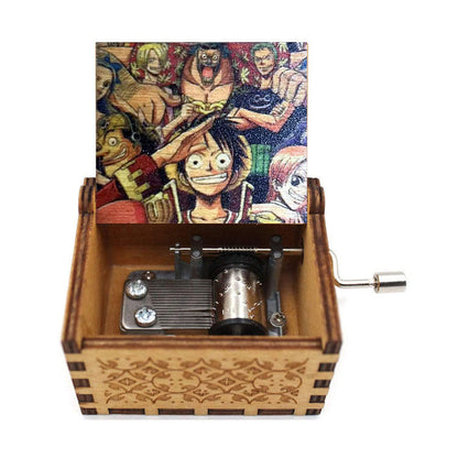 One Piece Anime Hand Crank Wooden Music Box, Straw Hat Pirates Luffy Crew Print Lid Engraved Musical Box, Classic Anime Theme Song, Manual Hand Crank No Battery, Anime Collectible Desk Decor Gift for Fans