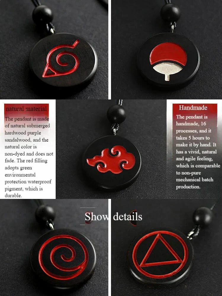 Naruto Anime Symbol Pendant Necklace, Akatsuki Red Cloud Sharingan Konoha Logo Wooden Necklace, Adjustable Rope Chain Cosplay Jewelry, Gift for Naruto Fans