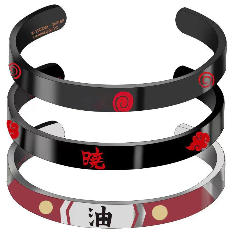 Naruto Anime Cuff Bracelet, Akatsuki & Clan Symbol Stainless Steel Open Cuff Bangle, Cosplay Jewelry Wristband, Gift for Naruto Anime Fans Men Women