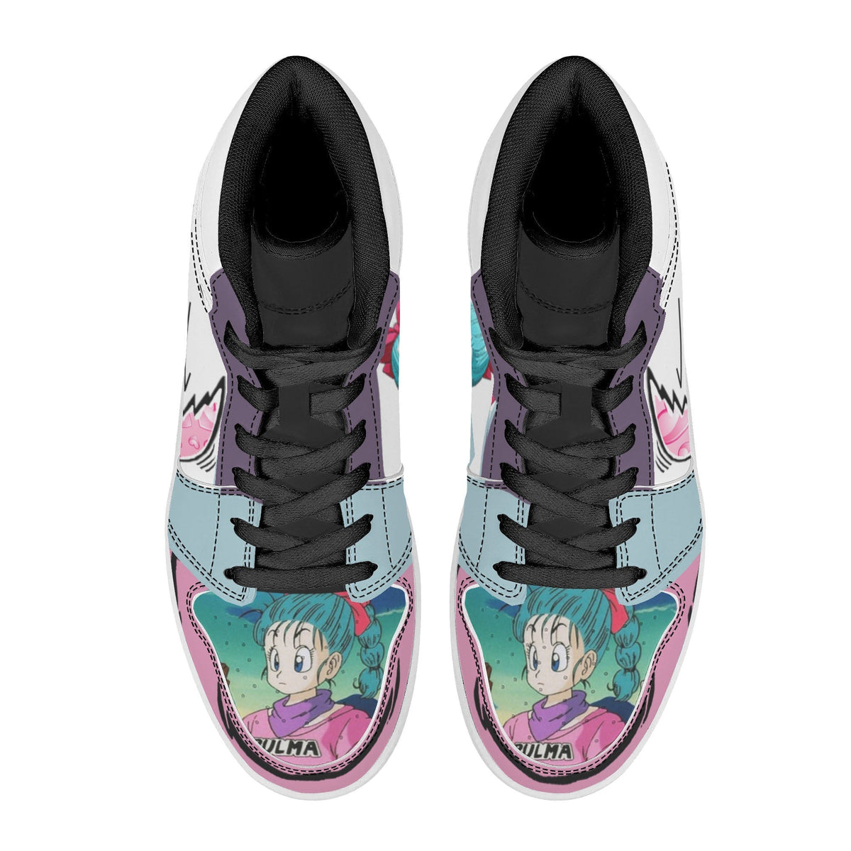 Dragon Ball Bulma Anime High Top Sneakers, Pink White Light Blue Custom Print Streetwear Shoes, Men Women Casual Fashion Sneakers, Anime Fan Collectible Footwear Gift
