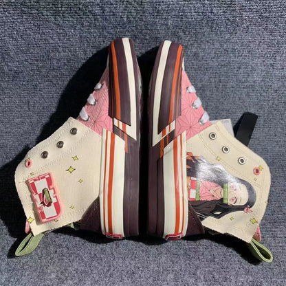 Demon Slayer Nezuko Kamado High Top Canvas Sneakers, Kimetsu No Yaiba Anime Pink Pattern Casual Shoes, Men Women Cosplay Streetwear Trainers, Demon Slayer Fan Collectible Footwear Gift
