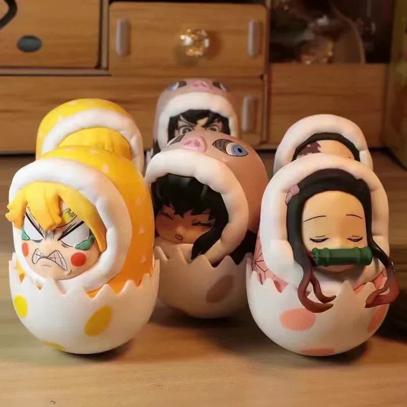 Demon Slayer Eggshell Tumbler Figure, Q Version Tanjiro Nezuko Zenitsu Inosuke Roly-poly Toy, Anime Character Mini Figurine with Nest Base, Desktop Decor Collectible Statue, Demon Slayer Fan Gift
