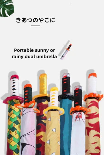 Demon Slayer Anime Katana Sword Umbrella, Nichirin Sword Shape Handle Folding Umbrella, Tanjiro Rengoku Shinobu Giyuu Printed Sun Rain Umbrella, Demon Slayer Merch Cosplay Gift for Anime Fans